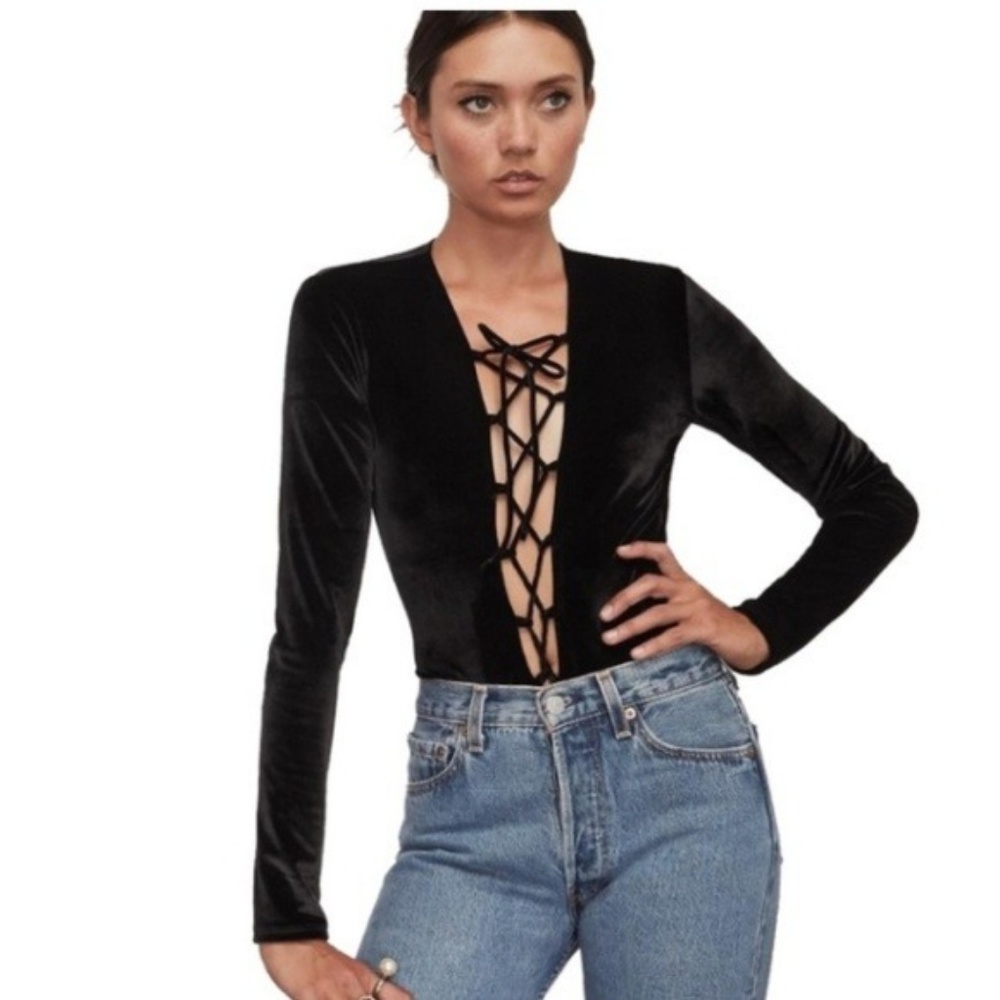 Reformation: Avalon Black Velvet Bodysuit